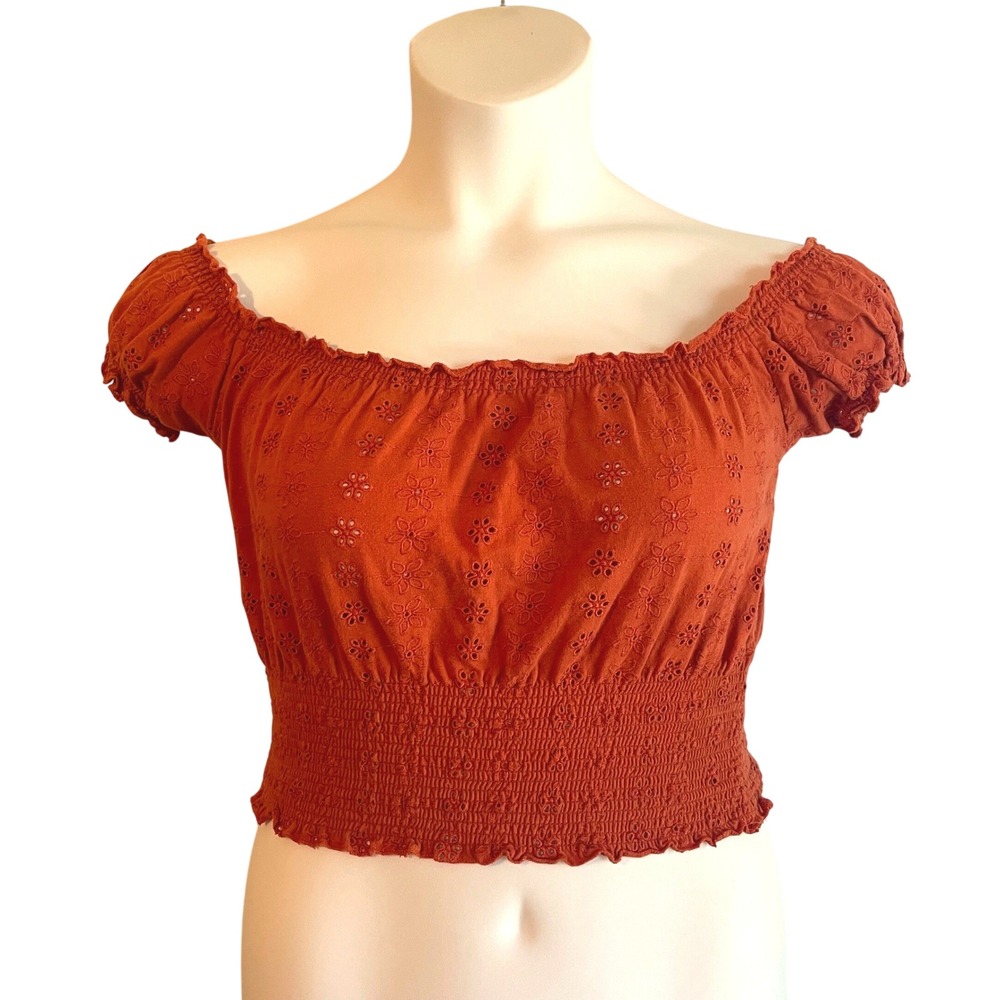 Rust Orange Crop Top Sm Floral Eyelet Pattern Off Shoulder Smocked Cottage Fairy